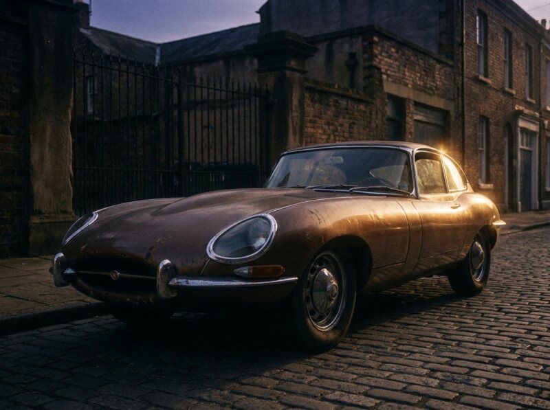 Jaguar E-Type Série 1 patinée, vue de trois quarts avant, dans une rue pavée